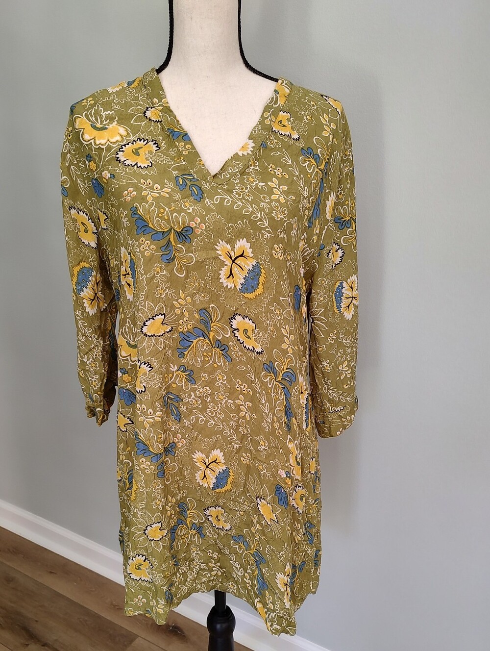 Masai Copenhagen Tunic Top Sash Tie Yellow Gold Floral 3/4 Sleeves Lagenlook M